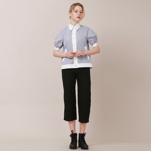 Cardigan short sleeve blouse striped (wundergeist777) @SEOUL