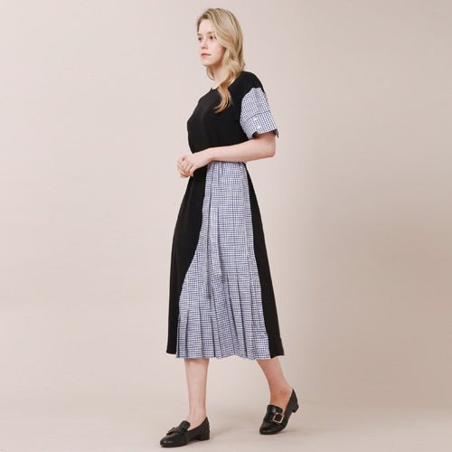 Check color combination unbalanced short sleeve long dress black (wundergeist777) @SEOUL