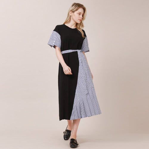 Check color combination unbalanced short sleeve long dress black (wundergeist777) @SEOUL