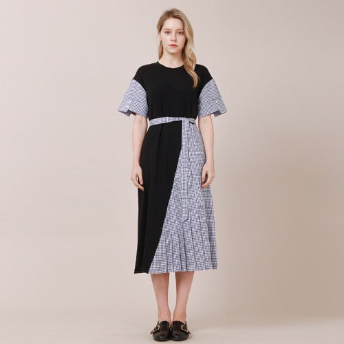 Check color combination unbalanced short sleeve long dress black (wundergeist777) @SEOUL
