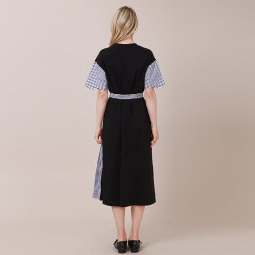 Check color combination unbalanced short sleeve long dress black (wundergeist777) @SEOUL