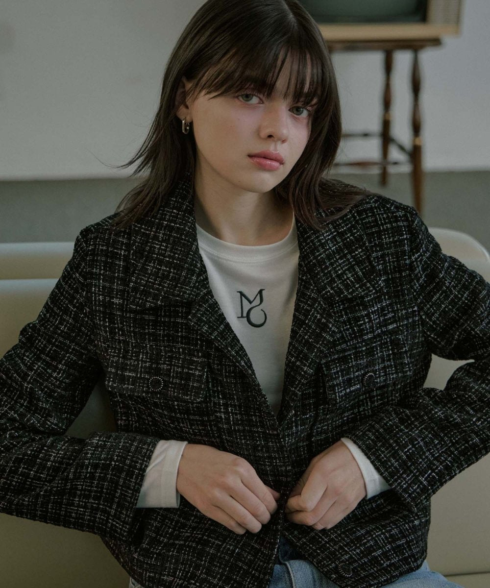 Collar Tweed Single Jacket Black (moiremoa) @SEOUL