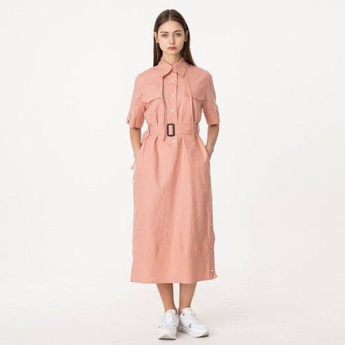 Cotton linen shirt collar short sleeve string long dress jeans pink (wundergeist777) @SEOUL