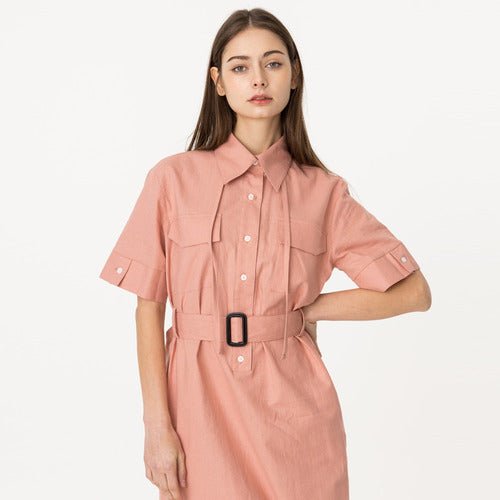 Cotton linen shirt collar short sleeve string long dress jeans pink (wundergeist777) @SEOUL