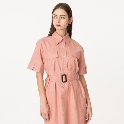 Cotton linen shirt collar short sleeve string long dress jeans pink (wundergeist777) @SEOUL
