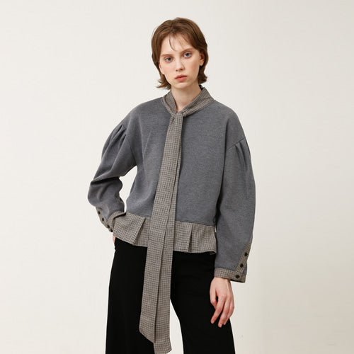 Overfit ribbon collar puff sleeve ruffle sweatshirt gray (wundergeist777) @SEOUL