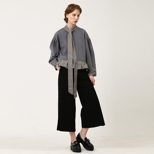 Overfit ribbon collar puff sleeve ruffle sweatshirt gray (wundergeist777) @SEOUL