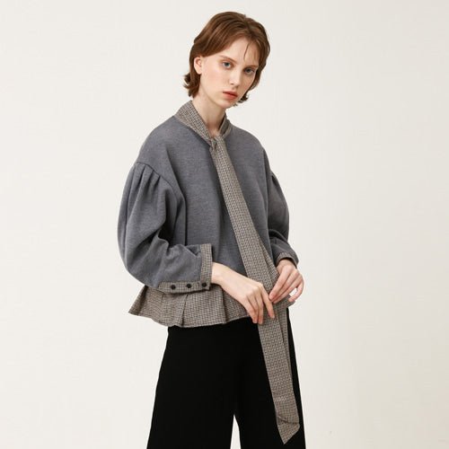 Overfit ribbon collar puff sleeve ruffle sweatshirt gray (wundergeist777) @SEOUL