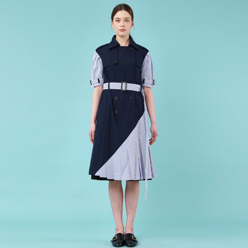 Puff short sleeve unbalanced trench dress (navy) (wundergeist777) @SEOUL