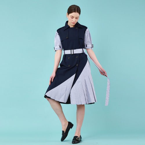 Puff short sleeve unbalanced trench dress (navy) (wundergeist777) @SEOUL