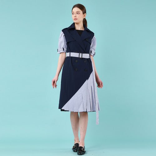 Puff short sleeve unbalanced trench dress (navy) (wundergeist777) @SEOUL