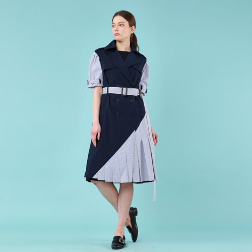 Puff short sleeve unbalanced trench dress (navy) (wundergeist777) @SEOUL
