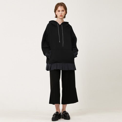 Puff sleeve overfit ruffle hoodie sweatshirt black (wundergeist777) @SEOUL