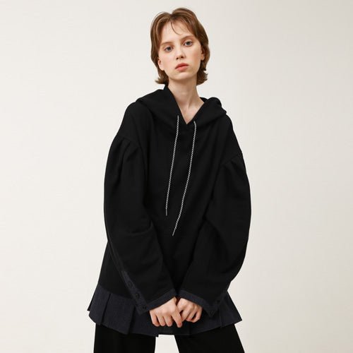 Puff sleeve overfit ruffle hoodie sweatshirt black (wundergeist777) @SEOUL