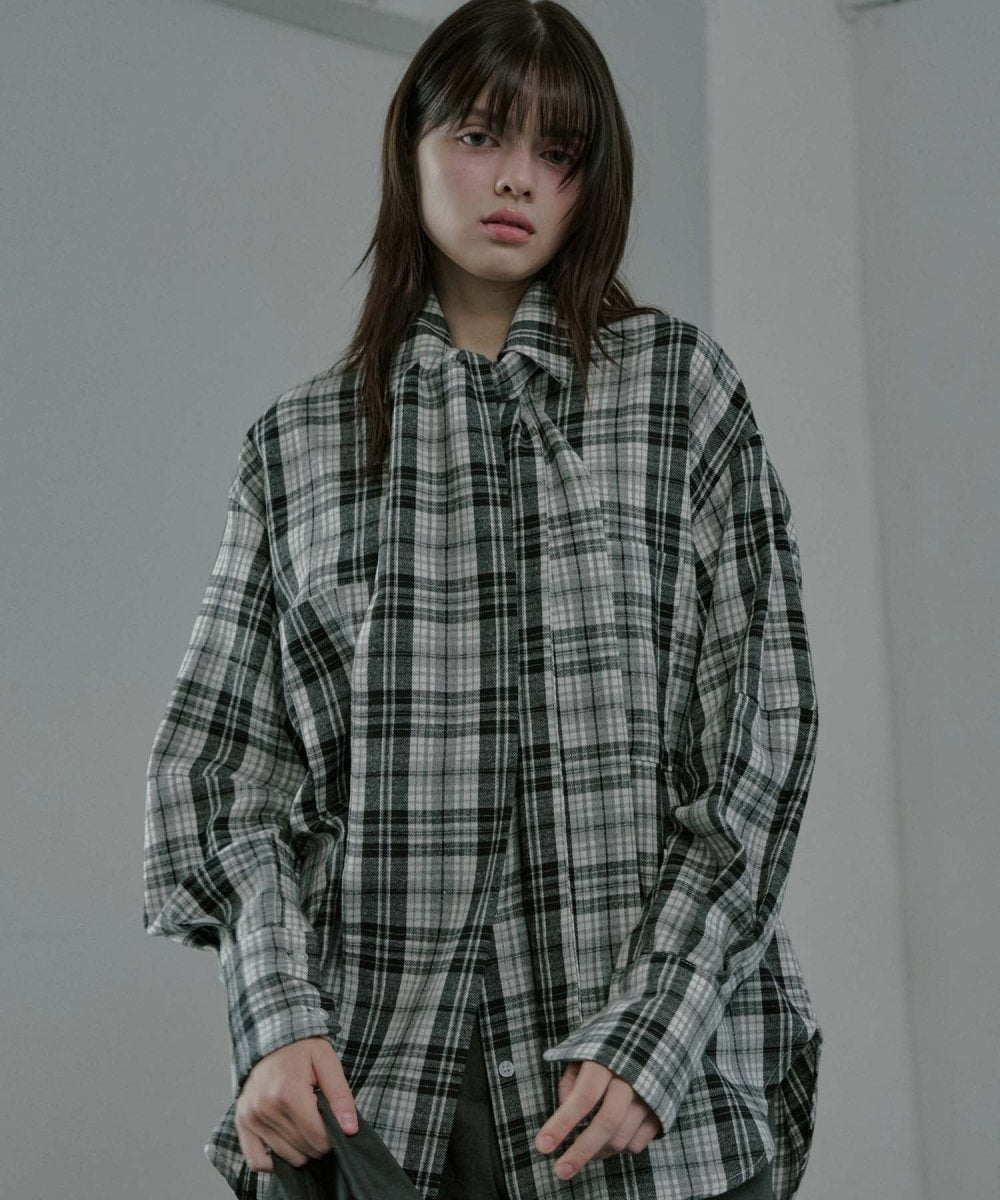 Round Sleeve Tie Check Shirt Black (moiremoa) @SEOUL