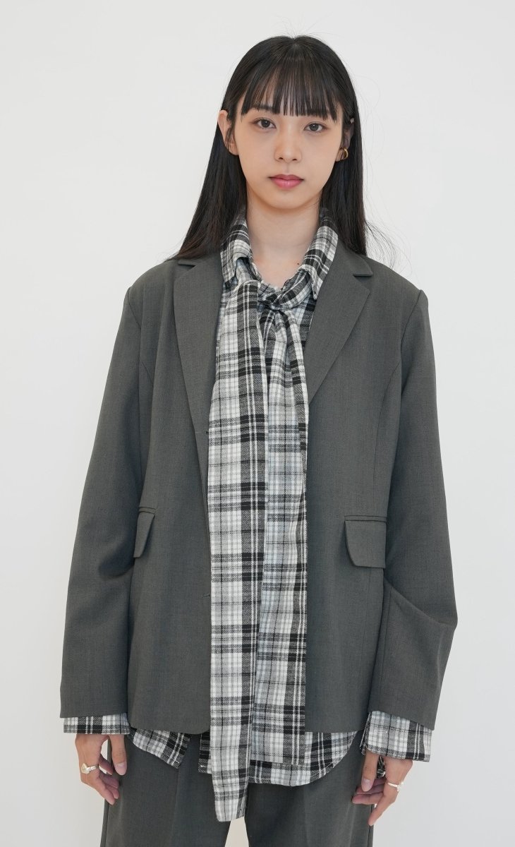Round Sleeve Tie Check Shirt Black (moiremoa) @SEOUL