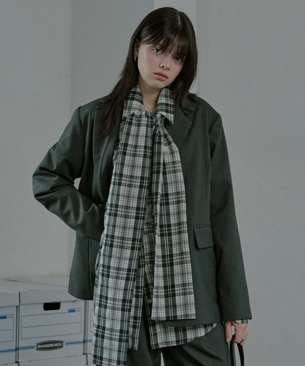 Round Sleeve Tie Check Shirt Black (moiremoa) @SEOUL