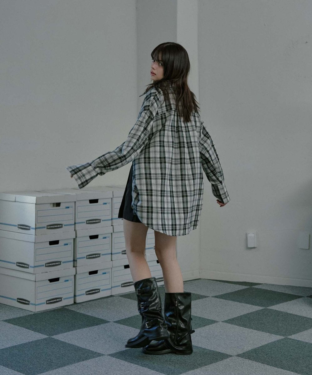Round Sleeve Tie Check Shirt Black (moiremoa) @SEOUL
