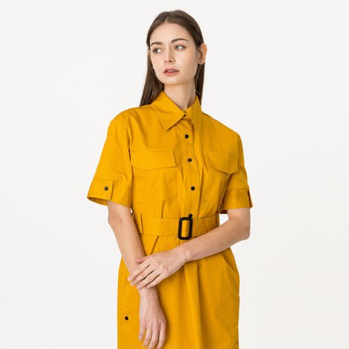Shirt collar short sleeve string long dress mustard (wundergeist777) @SEOUL