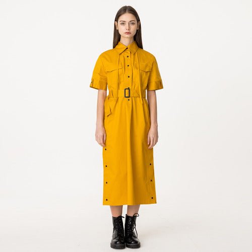 Shirt collar short sleeve string long dress mustard (wundergeist777) @SEOUL