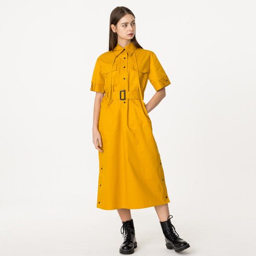 Shirt collar short sleeve string long dress mustard (wundergeist777) @SEOUL