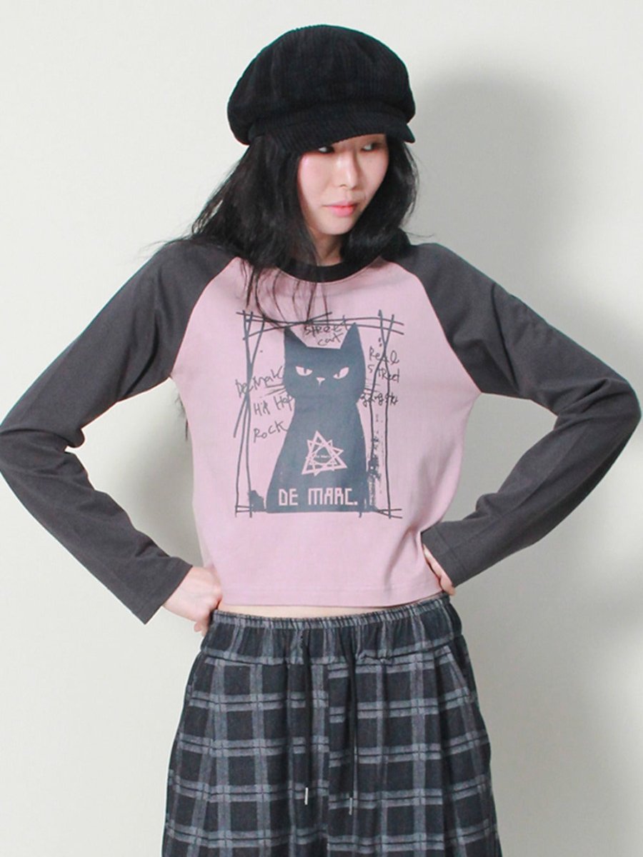 ボスキャット ラグラン セミクロップ 長袖Tシャツ ピンク&チャコール (Demarc) @SEOUL