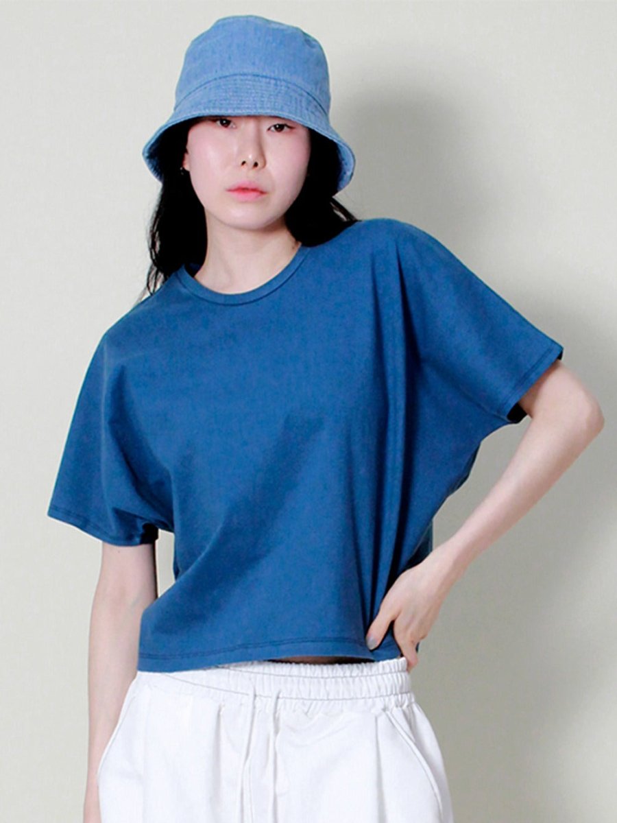 無地セミクロップフレンチ半袖Tシャツ(ブルー) (Demarc) @SEOUL