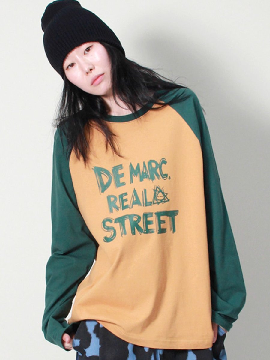 リアルストリートカラーミックスラグランスリーブ長袖Tシャツ カーキ&マスタード (Demarc) @SEOUL