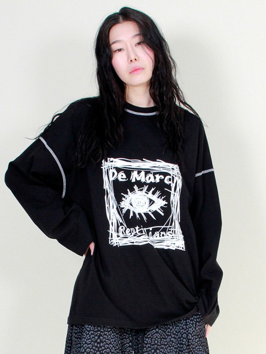オーバーサイズスクエアプリントステッチ配色長袖Tシャツ(ブラック) (Demarc) @SEOUL