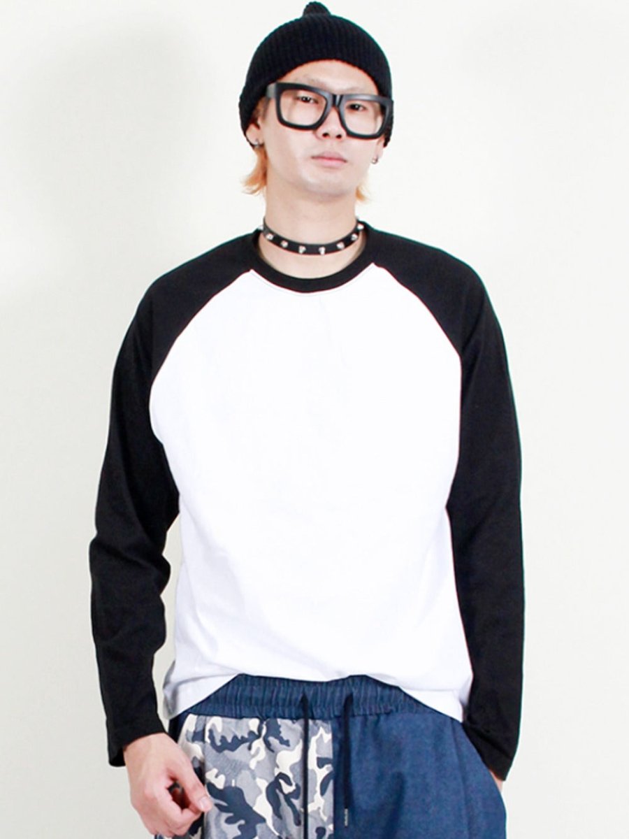 ラグランスリーブ 配色 無地 長袖Tシャツ ブラック&ホワイト (Demarc) @SEOUL