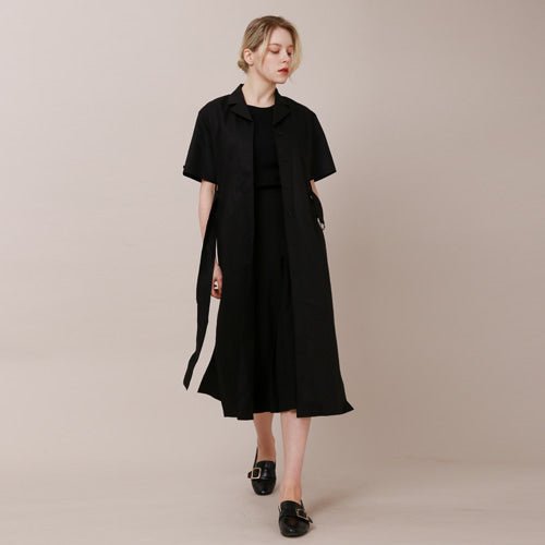 Tailored collar short sleeve strap long dress black (wundergeist777) @SEOUL