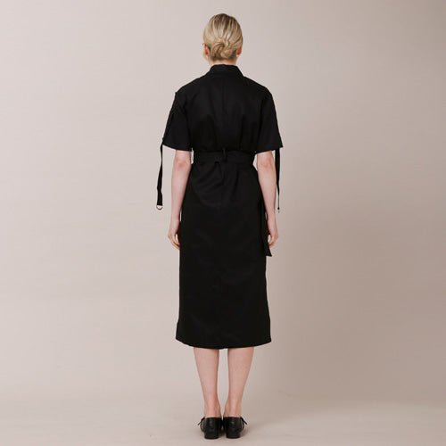 Tailored collar short sleeve strap long dress black (wundergeist777) @SEOUL