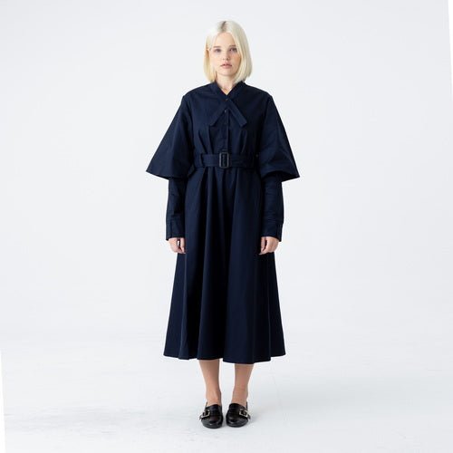 Tie neck collar flare long dress jean navy (wundergeist777) @SEOUL