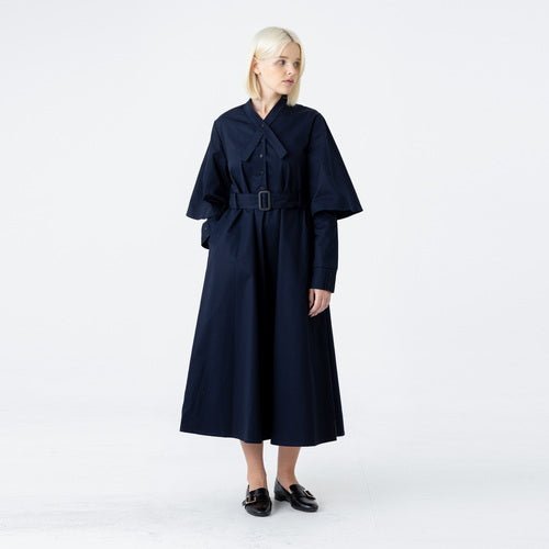 Tie neck collar flare long dress jean navy (wundergeist777) @SEOUL