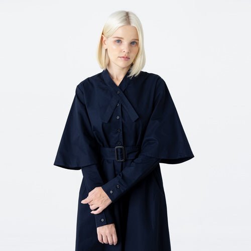 Tie neck collar flare long dress jean navy (wundergeist777) @SEOUL