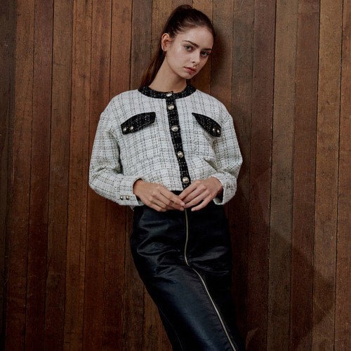 Tweed unbalanced cuff crop cardigan blouse white (wundergeist777) @SEOUL