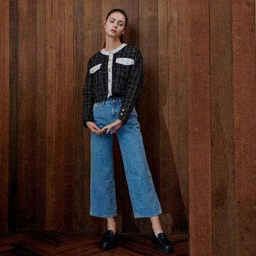 Tweed unbalanced cuffs crop cardigan blouse black (wundergeist777) @SEOUL