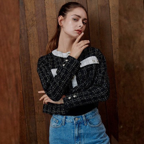 Tweed unbalanced cuffs crop cardigan blouse black (wundergeist777) @SEOUL