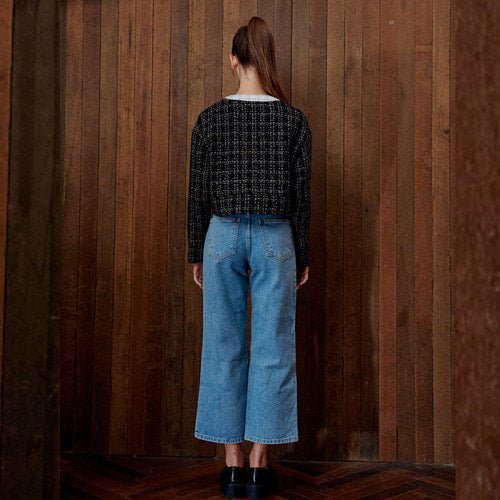Tweed unbalanced cuffs crop cardigan blouse black (wundergeist777) @SEOUL