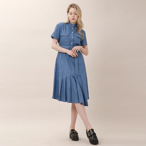 Unbalanced Chinese collar short - sleeved denim dress (wundergeist777) @SEOUL