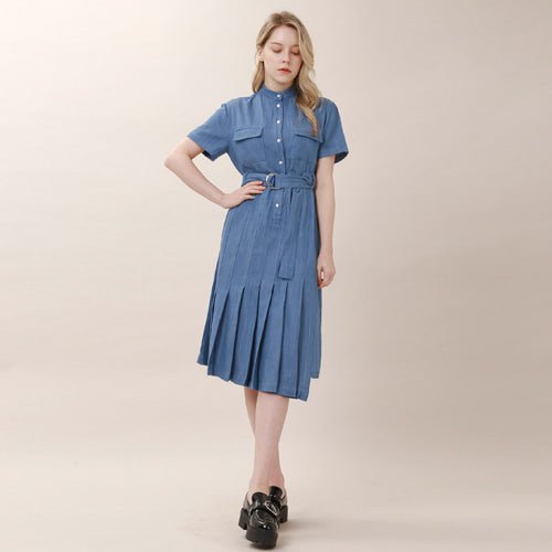 Unbalanced Chinese collar short - sleeved denim dress (wundergeist777) @SEOUL