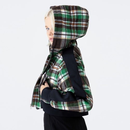 Wool check crop color combination hooded zip - up jumper (wundergeist777) @SEOUL