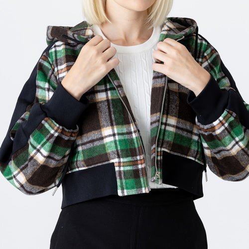 Wool check crop color combination hooded zip - up jumper (wundergeist777) @SEOUL