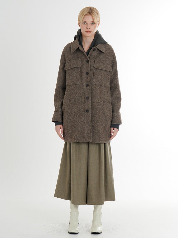 Wool tweed long loose fit shirt structured jacket_brown twill (FREAKS BY KIMTAEHOON) @SEOUL