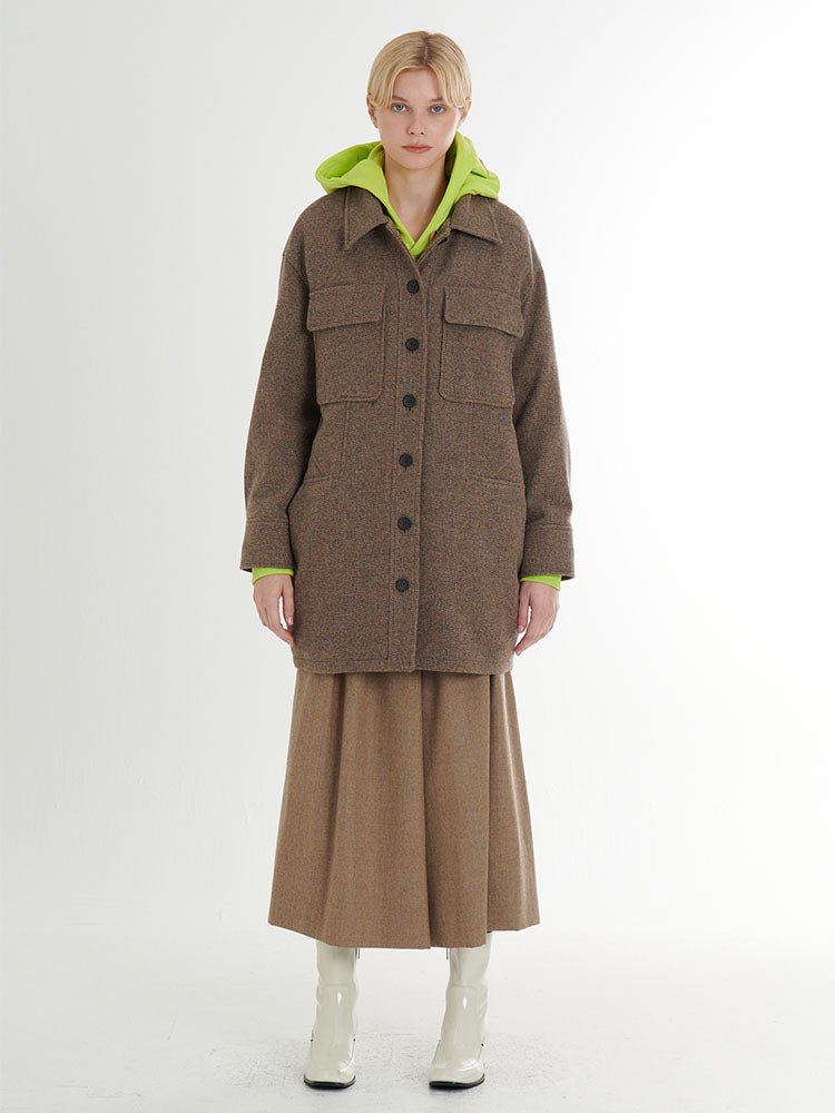Wool tweed long loose fit shirt structured jacket_light khaki brown (FREAKS BY KIMTAEHOON) @SEOUL