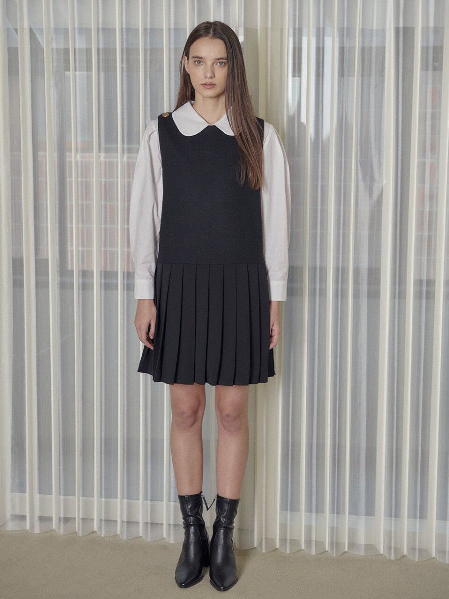 GOLD BUTTON WOOL PLEATED ONE-PIECE_BLACK - @SEOUL
