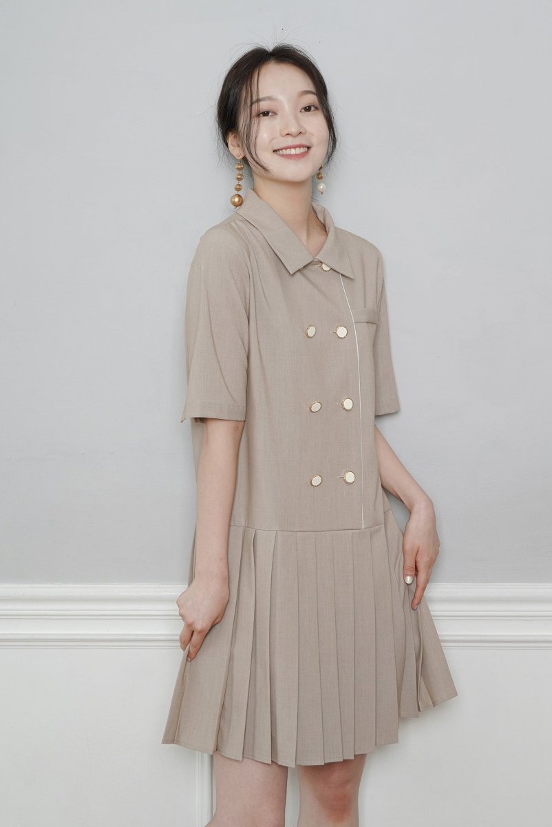 PLEATED DOUBLE BUTTON JACKET ONE-PIECE_BEIGE - @SEOUL