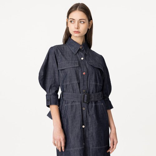 Bishop sleeve three - quarter sleeve string denim long dress indigo denim (wundergeist777) ＠SEOUL