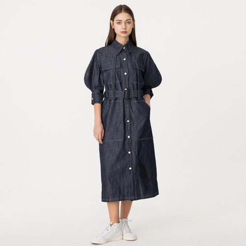 Bishop sleeve three - quarter sleeve string denim long dress indigo denim (wundergeist777) ＠SEOUL