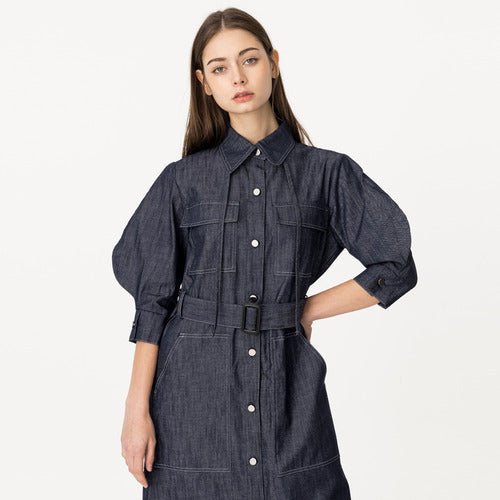 Bishop sleeve three - quarter sleeve string denim long dress indigo denim (wundergeist777) ＠SEOUL